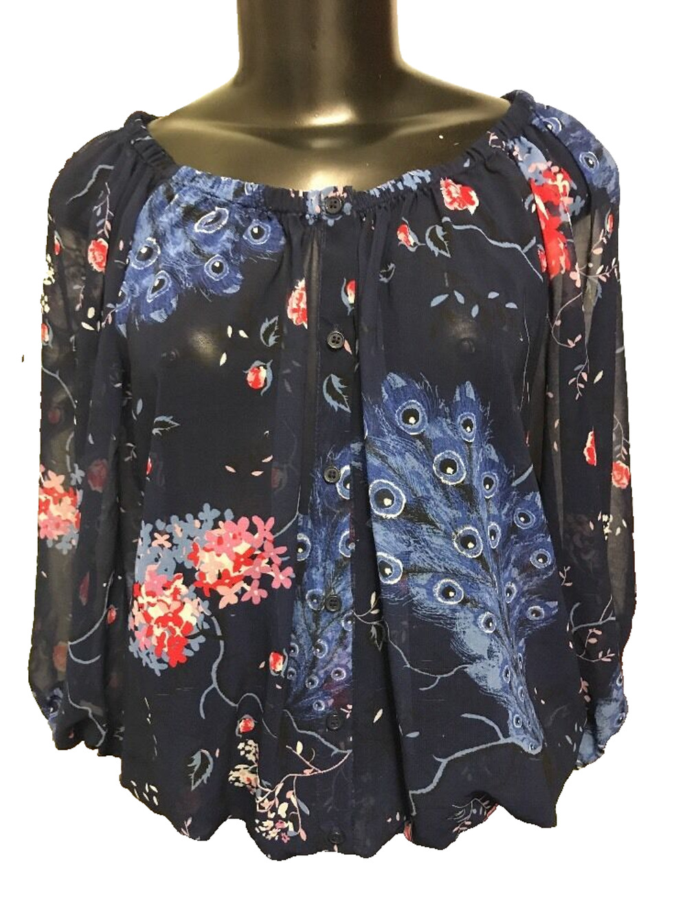 Size 8 Divided by H&M Sheer Floral Navy Blue Button Down Blouse Peacock Print